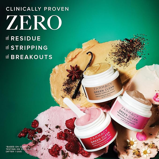 Farmacy Cleansing Balm Skin Care Set - Tea Harvest Travel Size Makeup Remover - Limited Edition Skincare Set Includes Warm Vanilla Chai, Wild Raspberry Tea + Chamomile Rose Latte (3 Count)