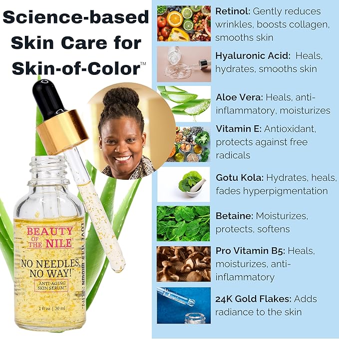 No Needles, No Way!™ Anti Aging Serum for Skin-of-Color, Wrinkles Dark Spots Hydrate Smooth Even Tone Retinol Hyaluronic Acid Beauty of the Nile® 1 Oz