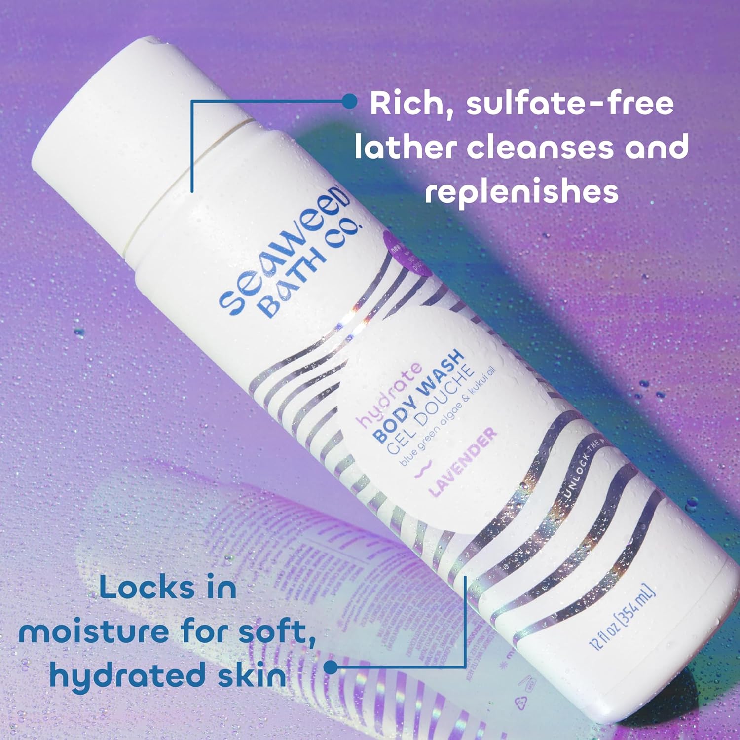 Seaweed Bath Co. Hydrate Body Wash - Lavender - Hydrating Foaming Cleanser with Soothing Natural Ingredients - Vegan, Paraben and Sulfate Free Shower Gel for Men and Women - 12 oz