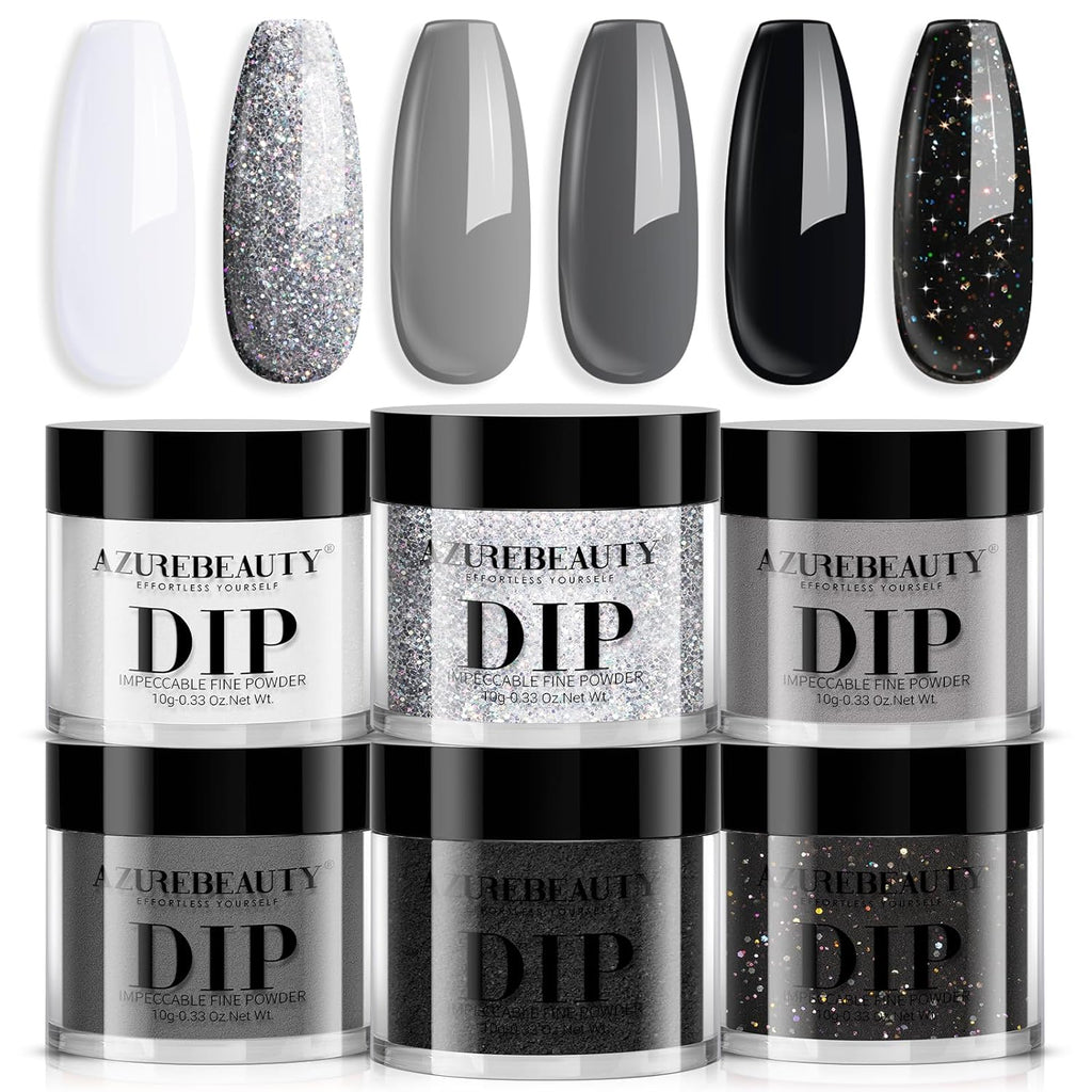 AZUREBEAUTY Dip Powder Nail Basic Set White Black Silver Grey Pure Sparkle 6 Colors All Seasons Dipping Powder Starter Kit French Nail Art Manicure DIY Salon for Women, No Need Nail Lamp Cured