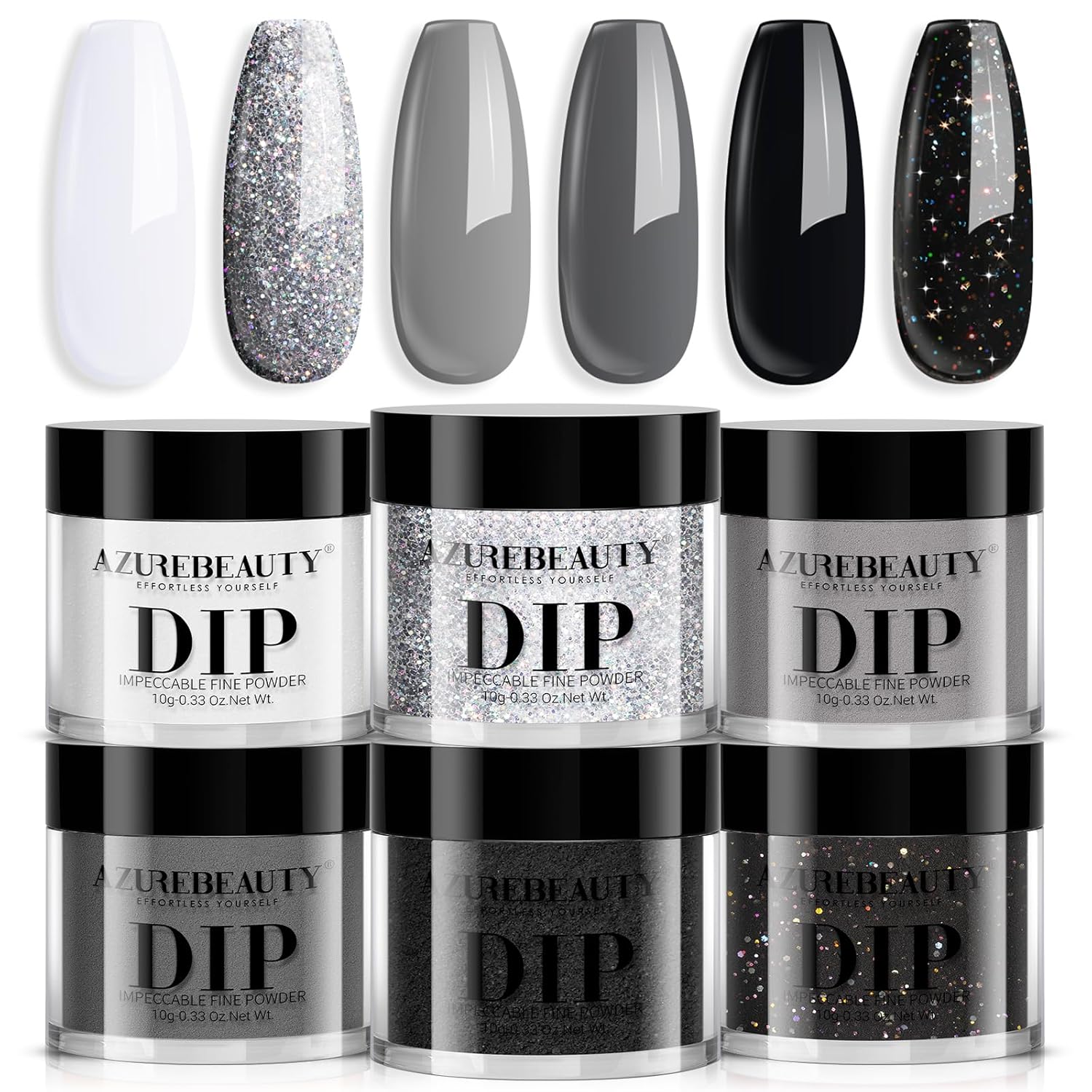 AZUREBEAUTY Dip Powder Nail Basic Set White Black Silver Grey Pure Sparkle 6 Colors All Seasons Dipping Powder Starter Kit French Nail Art Manicure DIY Salon for Women, No Need Nail Lamp Cured