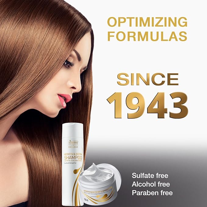 Vitamins Keratin Hair Treatment Kit - Deep Conditioner Mask and Protein Shampoo for Fine, Dry, Damaged, Color-Treated Hair