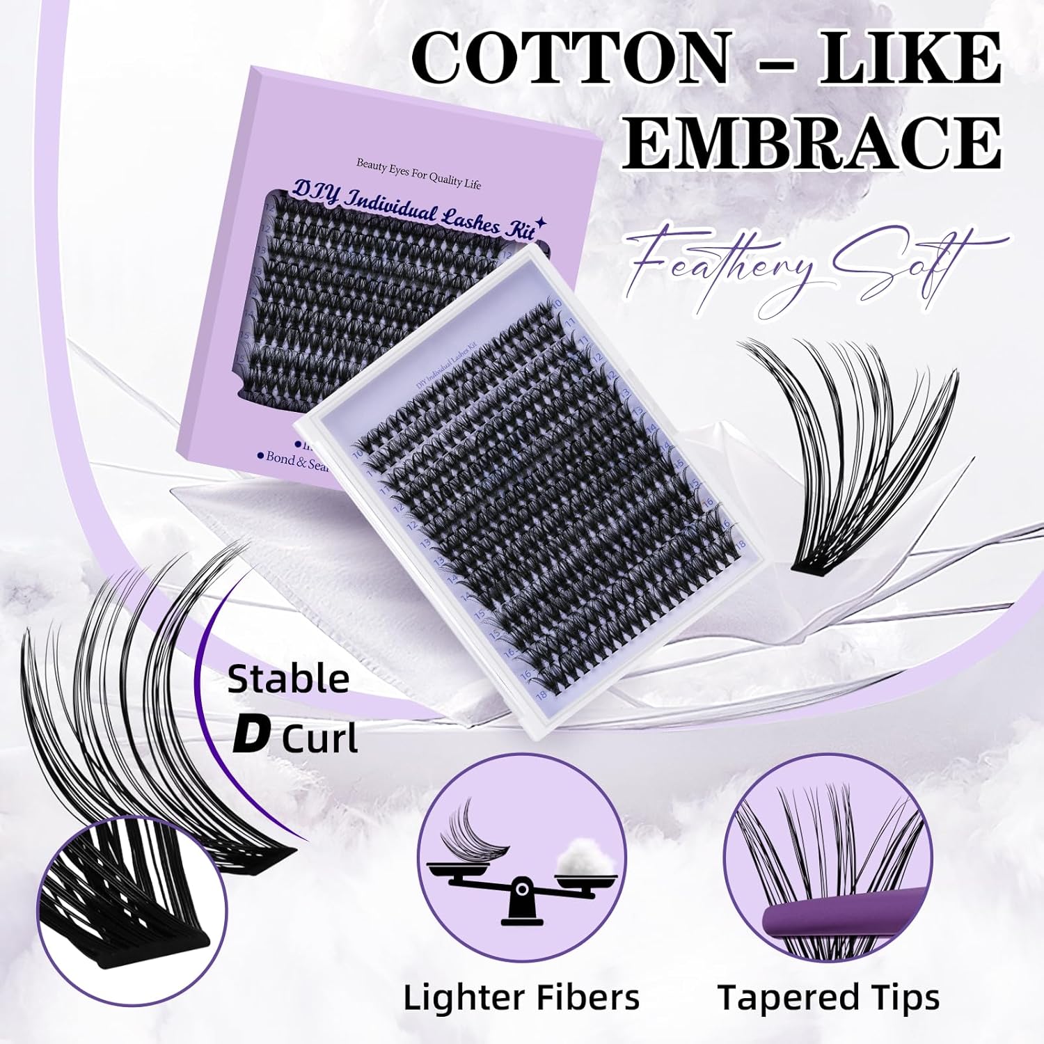 B&Qaugen Lash Extension Kit 280Pcs Volume Individual Lashes Kit Superfine Individual Eyelashes 10-18mm Soft D Curl Eyelash Clusters Kit with Bond and Seal Tweezers for Self Use （Kit-50D-10-18MIX）