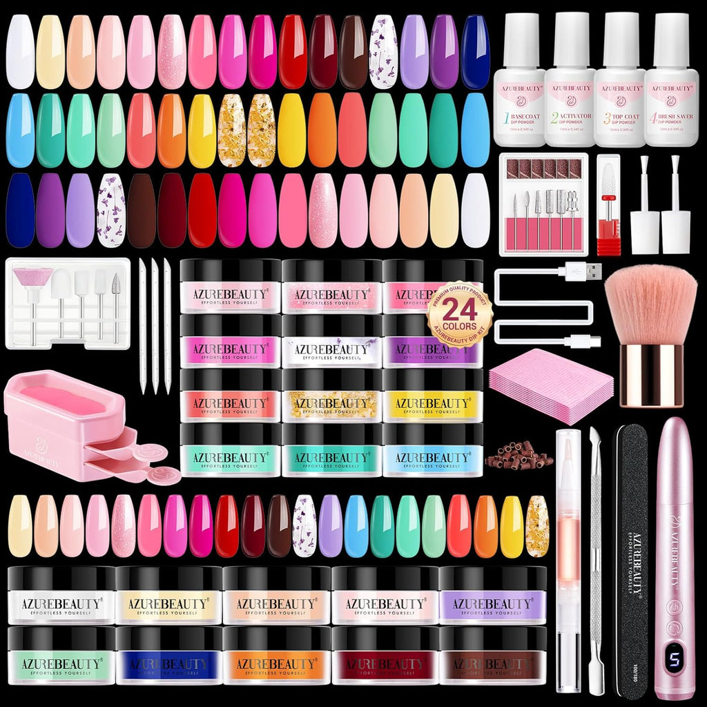 AZUREBEAUTY Dip Powder Nail Kit with Electric Nail Drill 24 Colors Bright Green Pink Orange Nail Starter Kit with Dip Liquids Base Top Coat Activator Portable Manicure French Nail Art Essential Set