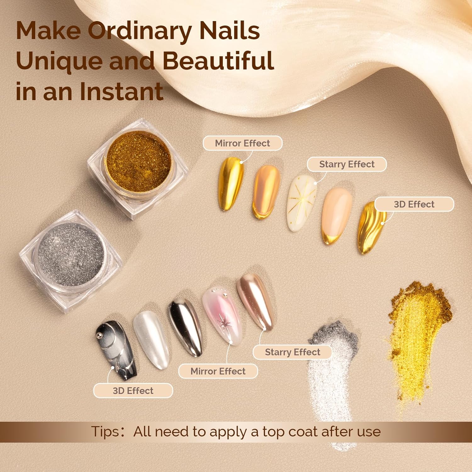 MelodySusie 2Pcs Chrome Nail Powder for Gel Nails,Metallic Mirror Effect Pigment Stylish and Technological Fine Glitter for Home DIY Salon Use