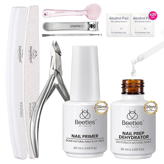 Beetles Nail Prep Kit Nail Dehydrator and Primer Nail Care Tool Kit 20ml Large Capacity Acid-Free & Hema-Free Dehydrate Bond Primer with Manicure Tools for Acrylic Nail Gifts for Women