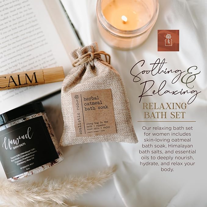Relaxing Bath Gift Set, Luxury Spa Gifts for Women, Self Care Products for Women and Men, Calm Essential Oil Roller, Oatmeal Lavender Bath Soak & Epsom Salts with Essential Oils