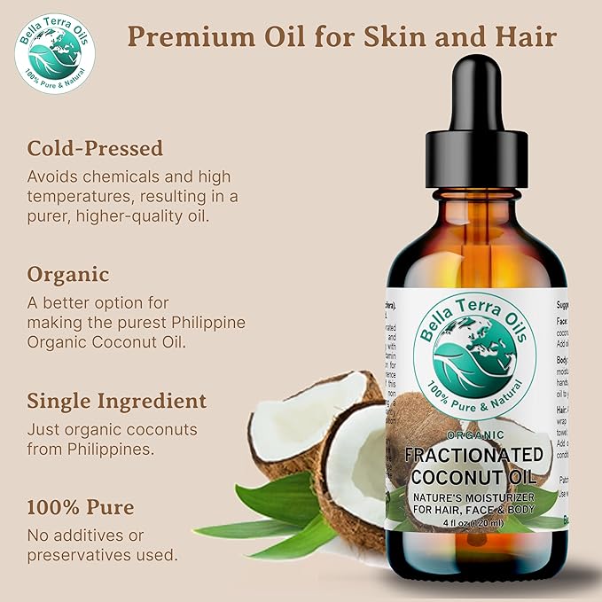 Bella Terra Oils - Liquid Organic Fractionated Coconut Oil 16 oz - Dive into Nutritional Excellence, Known for Antioxidants & MCTs, A Luxurious Treat for the Skin