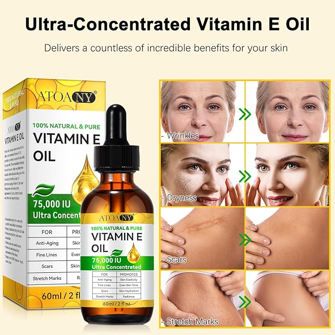 Vitamin E Oil 75,000 IU, Vitamin E Oil for Skin, Scars, Face, Reduce Fine Lines & Scars, Moisturizing Skin, Easy to Absorb, Pure Natural Body Oil 2 fl oz