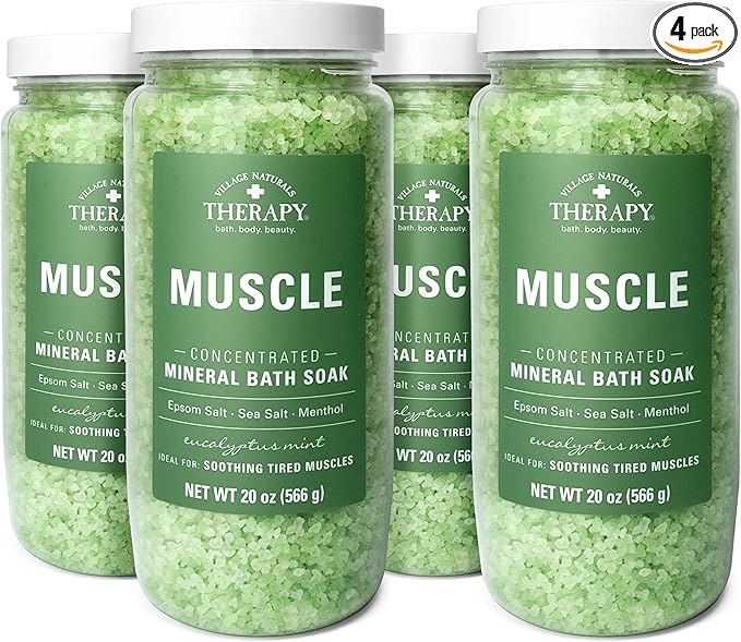 Village Naturals Therapy, Muscle Concentrated Mineral Bath Soak, Eucalyptus Mint Scent, 20 oz, Pack of 4