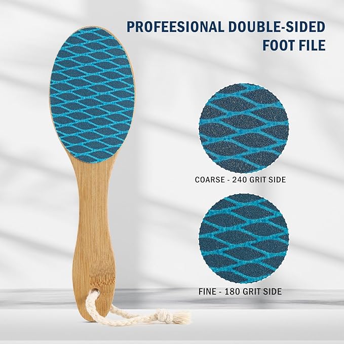 FVION Bamboo Foot File Callus Remover - Portable Foot Scrubber Pedicure Feet Sander File, Double-Sided Heel Scraper for Smooth and Soft Feet