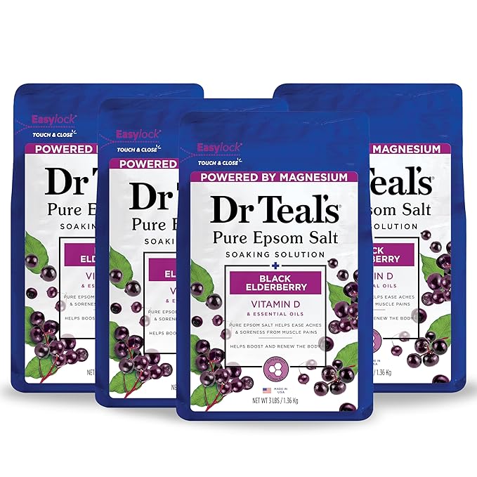 Dr Teal's Pure Epsom Salt Soak, Black Elderberry with Vitamin D, 3 lbs (Pack of 4)