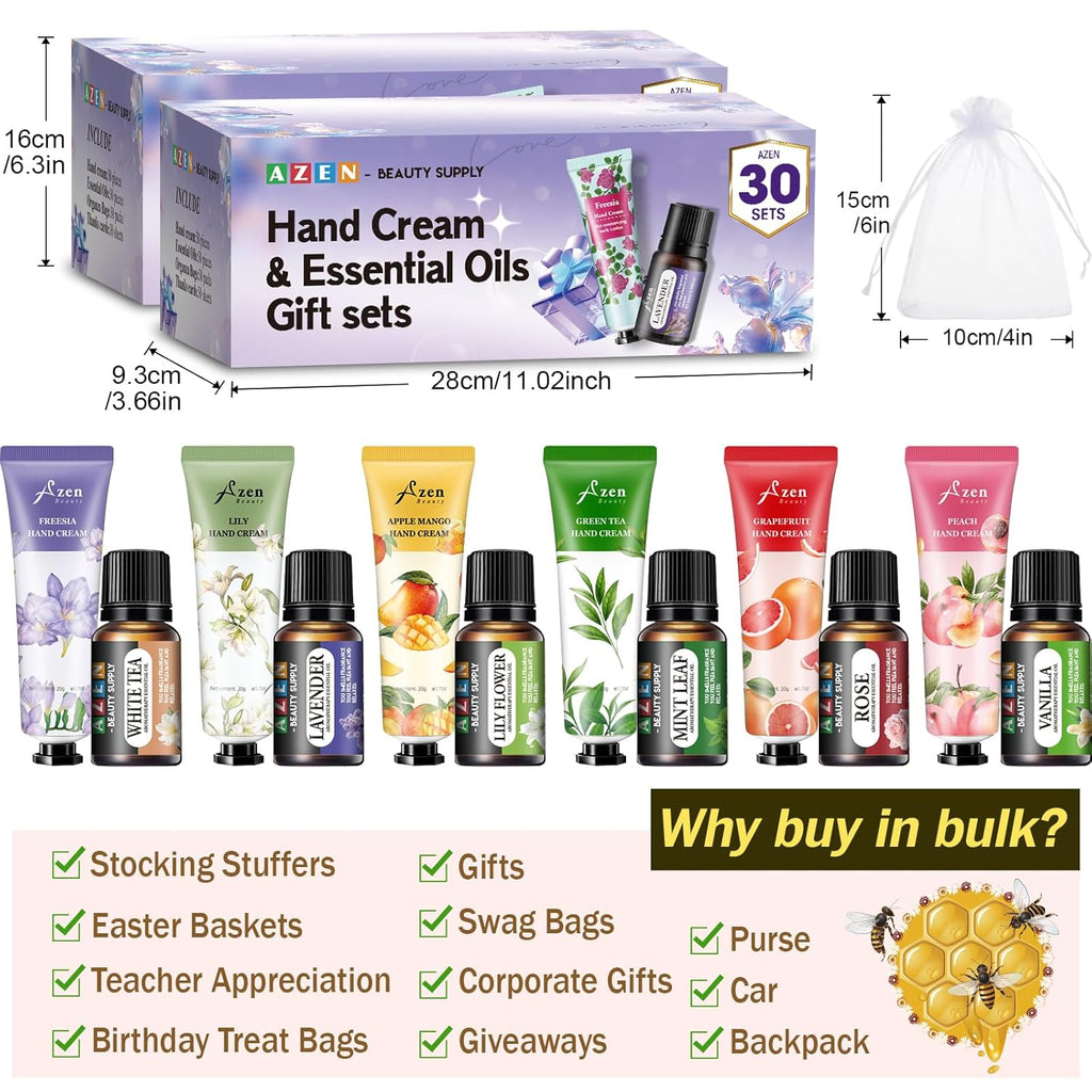 AZEN 60 Sets Bulk Gifts, Hand Cream and Essential Oils Bulk Set with Organza Bag Thank You Card, Baby Shower Wedding Gifts for Guests, Bridal Wedding Favors for Guests,Thank You Gifts for Women