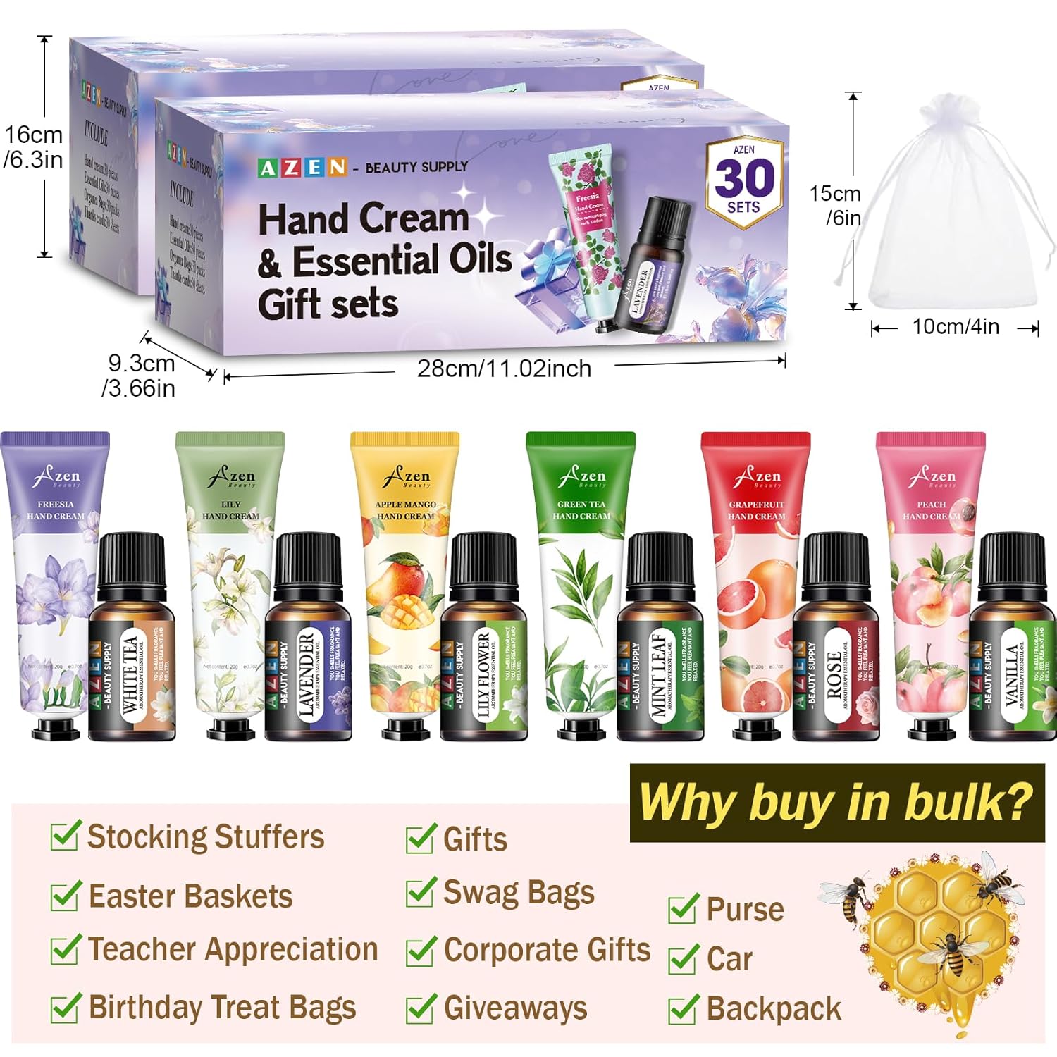 AZEN 60 Sets Bulk Gifts, Hand Cream and Essential Oils Bulk Set with Organza Bag Thank You Card, Baby Shower Wedding Gifts for Guests, Bridal Wedding Favors for Guests,Thank You Gifts for Women