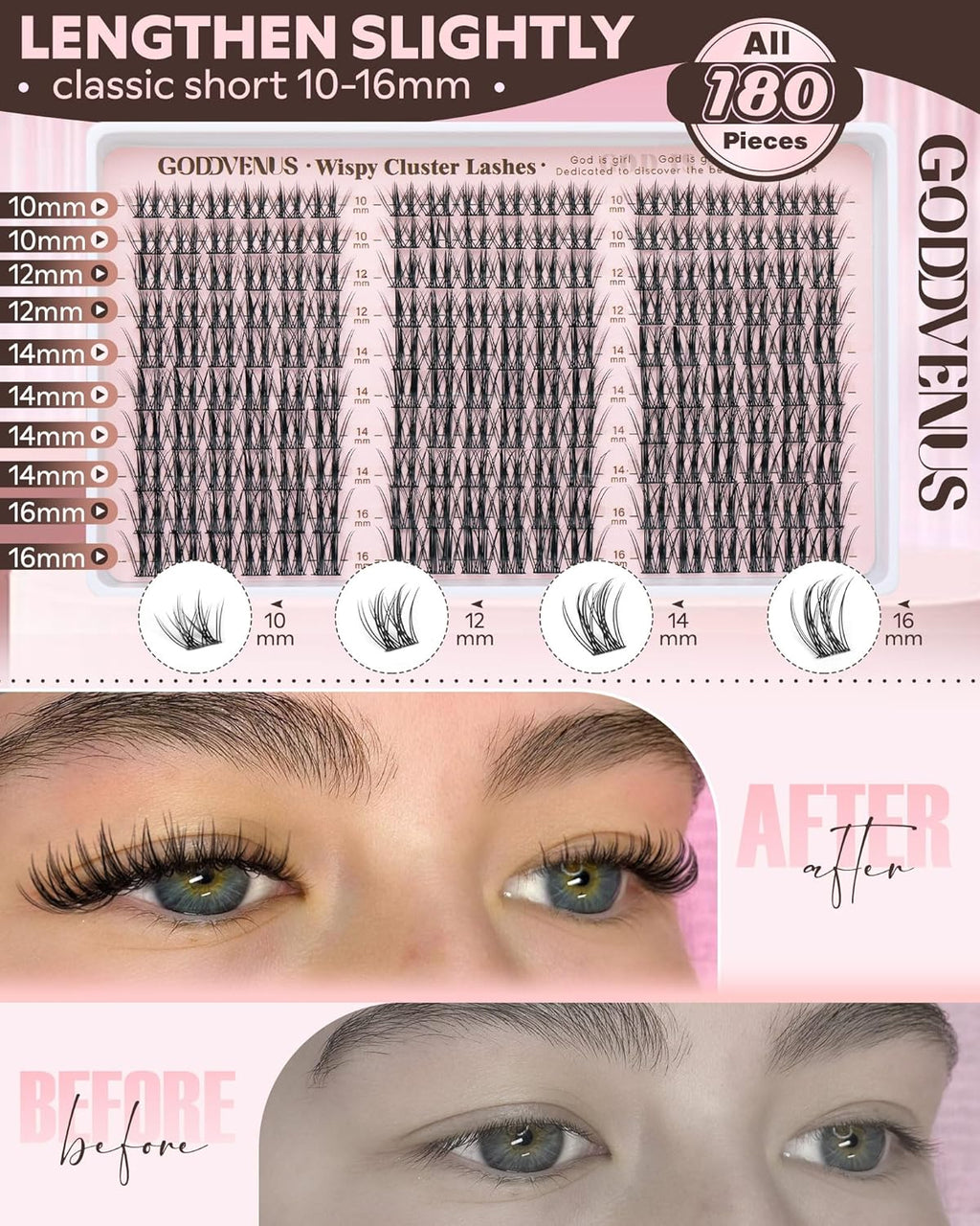 Manga Lash Clusters Kit Natural Wispy Cluster Eyelash Extensions Kit 180 Pcs Fairy C Curl Cluster Lashes 10-16mm Fluffy Lash Extensions Kit Anime Cosplay No Plastic Feel Individual Lash