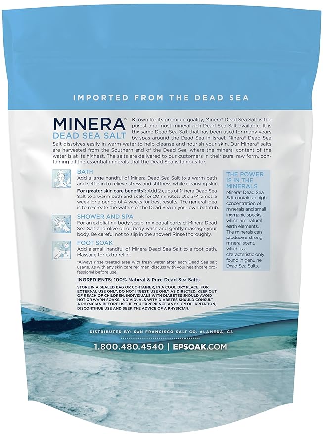 Minera Dead Sea Salt, 100% Pure & Natural, 5 lbs. Fine Grain (0-1.7 mm) Bulk Bag, Easily Dissolving Dead Sea Salts for Soaking & Bathing, Skin Nourishing Fine Sea Salt, Unscented