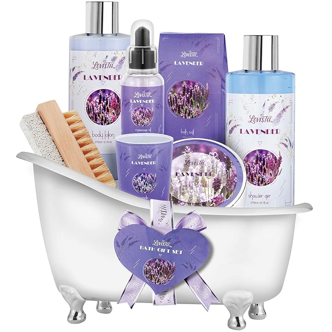 Monthers Day Gifts, Relaxing Lavender Spa Gift Baskets for Wome Birthday, Bath and Body Set-Kit Includes Candle, Essential Oil, Body Scrub, Bath Salt, Body Lotion, Shower Gel and Body Scrub Brush