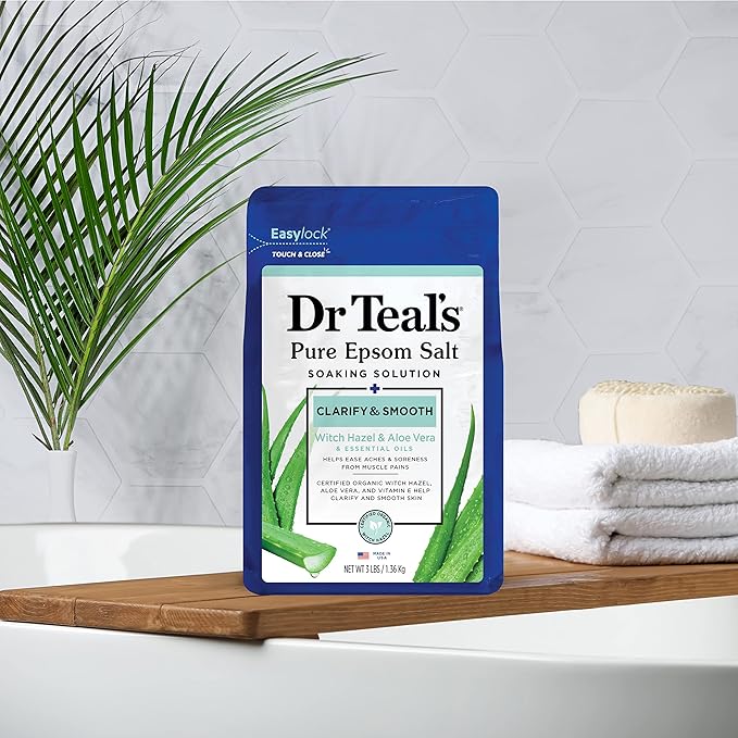 Dr Teal's Pure Epsom Magnesium Salt Soak, Clarify & Smooth with Witch Hazel & Aloe Vera, 3 lbs (Pack of 4)