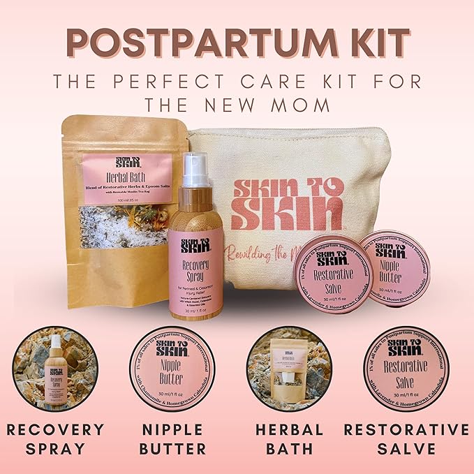 Skin to Skin Postpartum Recovery Kit - 4 Piece Set in Cosmetic Bag - Includes: Herbal Bath, Recovery Spray, Restorative Salve, Nipple Butter - After Birth Care