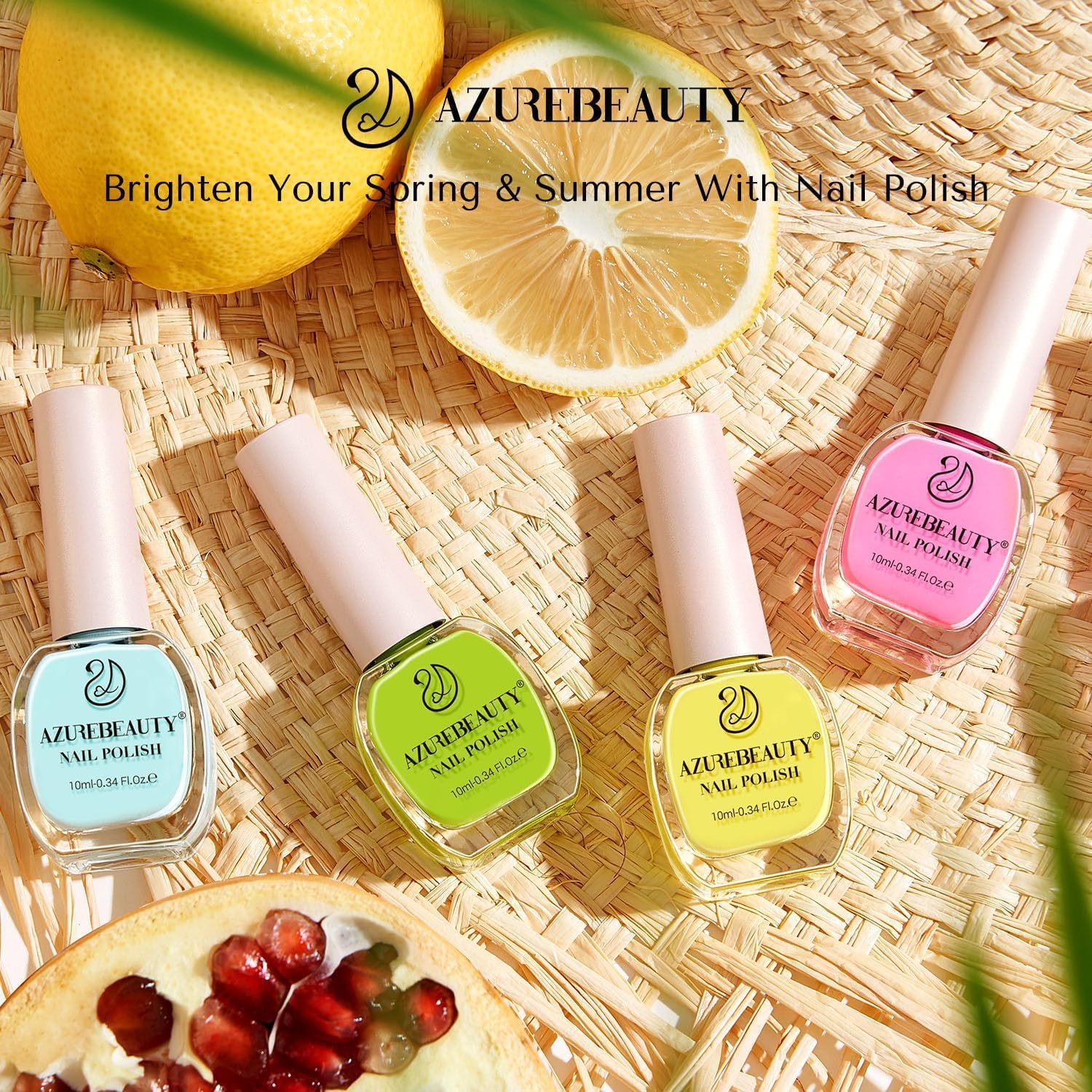 AZUREBEAUTY Nail Polish Set, 4 Colors Pastel Lime Green Yellow Pink Quick Dry Natural Nail Lacquer Strengthening Treatment Kit DIY Salon at Home
