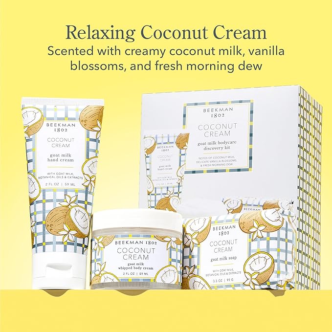 Beekman 1802 Coconut Cream Goat Milk Bodycare Discovery Kit - 3 Pieces - Scented - Cleanses, Nourishes & Hydrates - With Lactic Acid & Shea Butter - Microbiome Friendly - Good for Sensitive Skin