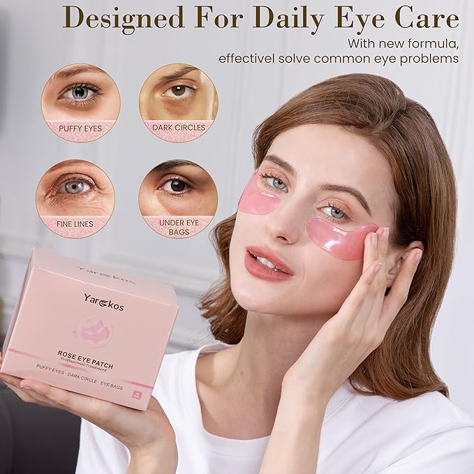32 Pairs Pink Under Eye Patches, Rose Cooling Hydrating Eye Mask for Dark Circles Puffiness Puffy Eyes, Anti Wrinkle Collagen Undereye Pad, 32 Sets Women Travel Beauty Skincare Face Gel