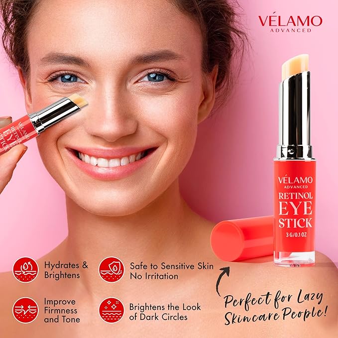 VELAMO ADVANCED Retinol Eye Stick: Retinol Under Eye Cream for Dark Circles and Puffiness with 1% Bakuchiol - Anti Aging Balm Stick Reduces Fine Lines Wrinkles Under Eye Bags in 4-8 Weeks - 2 Packs