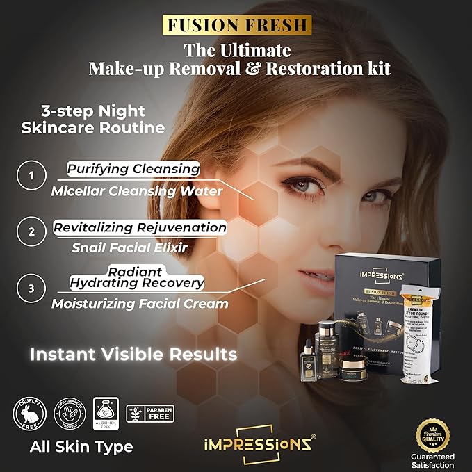 ImpressionZ 3-Step Skincare Set for Women | Micellar Water Makeup Remover, Snail Mucin Serum for Wrinkles, Hydrating Face Cream for Dry Skin with Cotton Rounds | Night Routine Kit for all skin types