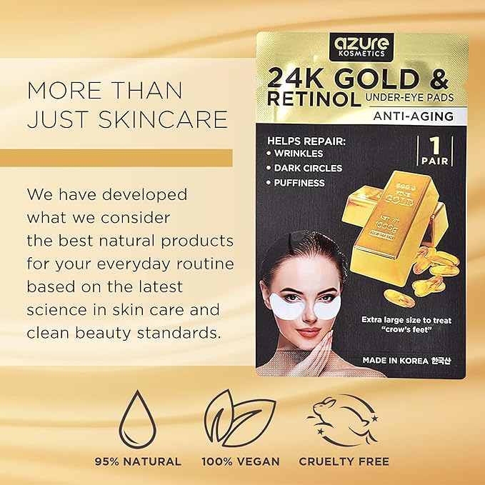 AZURE 24K Gold & Retinol Anti Aging Under Eye Patches - Firming, Restoring & Deeply Hydrating Eye Mask - Reduces Fine Lines, Wrinkles, Dark Circles & Puffiness - Skin Care Made in Korea - 10 Pairs