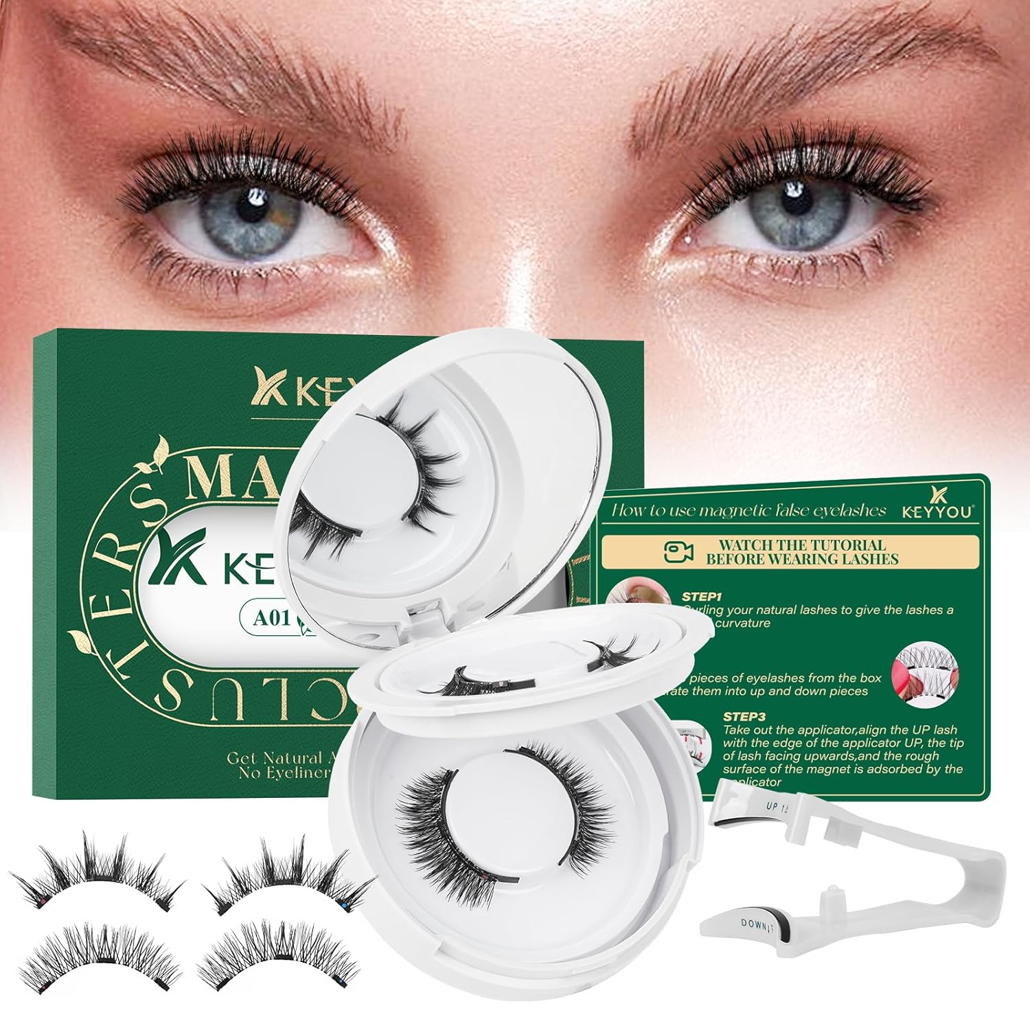 KEYYOU Reusable Magnetic Eyelashes 2 Pair with Applicator No Glue Needed 3D Natural Magnetic Lashes, Easy to Apply & Long Lasting for Daily Use & Events(A01+A02)