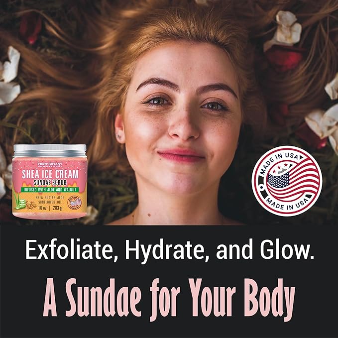 First Botany Body Scrub - Natural Exfoliating Salt Scrub & Body and Face Souffle helps with Moisturizing Skin, Acne, Cellulite, Dead Skin Scars, Wrinkles (10 fl oz, Shea Icecream)
