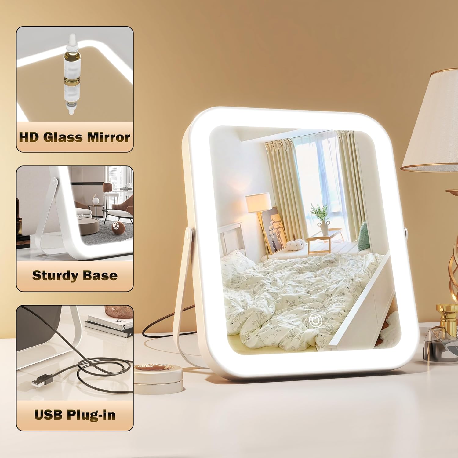10"x8" Portable Lighted Makeup Mirror with 3-Color Dimmable LED, Touch Screen Vanity Mirror for Travel or Bedroom Desk (White)