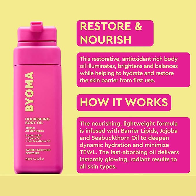 BYOMA Nourishing Body Oil - For All Skin Types - Lightweight, Fast-Absorbing Body Oil with Jojoba & Seabuckthorn - Hydrates, Brightens & Restores Skin Barrier - 6.76 fl oz