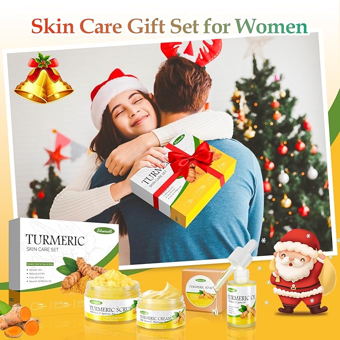Turmeric Skin Care Set Even Skin Tone with Vitamin C, Skin Care Gift Set 4 In 1 Include Turmeric Soap Bar Turmeric Oil Turmeric Face Cream Turmeric Scrub, Face Moisturizer Skincare Set for Women