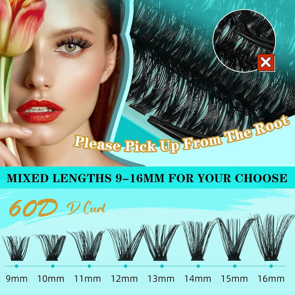 Lash Clusters Kit 240PCS Eyelash Extension Kit D Curl Wispy Clusters Lash DIY Lashes Extensions Kit Natural Individual Lashes Kit with Lash Bond and Seal Eyelash Tweezer(60D,D-Mix9-16mm)