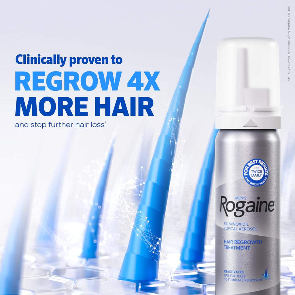 Men’s Rogaine 5% Minoxidil for Men Foam, Clinically Proven Regrowth for Thinning Hair, Topical Hair Loss Treatment, Unscented Topical Aerosol, Results in 8–16 Weeks, 3-Month Supply, 3 x 2.11 oz