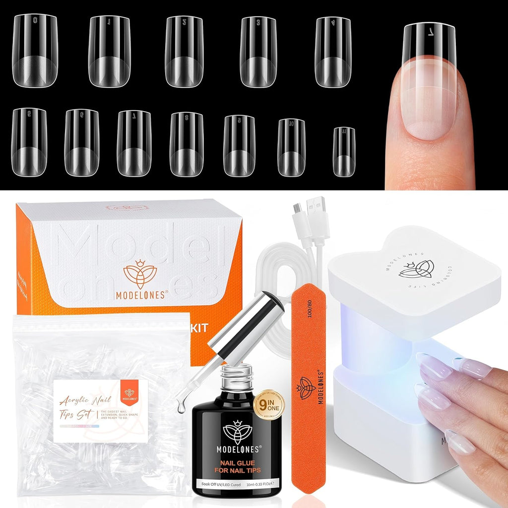 modelones Short Square Gel Nail Tips Kit, 9-in-One Nail Glue with Portable U V Lamp 216Pcs 12Sizes Pre-Etched Press ons Fake Acrylic Extension Kit DIY Salon Gift for Women