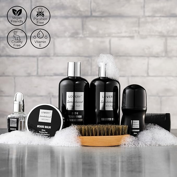 Beard Kit and Body Care Gifts for Men, Sandalwood Spa Gift Baskets, Mens Bath and Beard Grooming Kitf or Him, Unique Birthday Gifts for Him with Beard Balm, Growth Oil, Deodorant and More