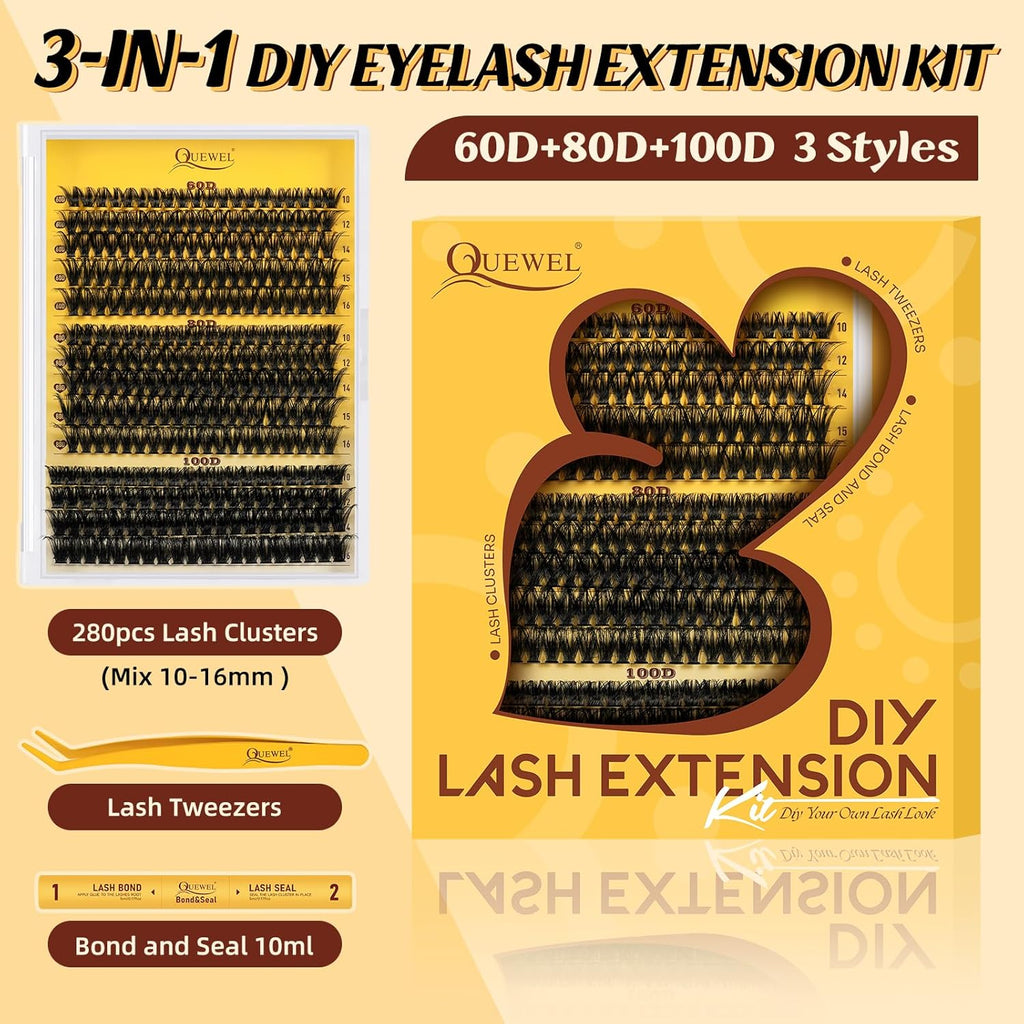QUEWEL DIY-Lash-Extension-Kit, 280pcs 60+80+100D Lash-Clusters Mixed 10-16mm Thick Lash-Clusters-Kit with Lash Bond and Seal, and Cluster Lashes Tweezers Easy DIY at Home(60+80+100 KIT)
