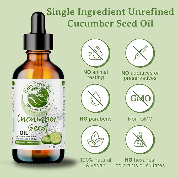 Bella Terra Oils Cucumber Seed Oil for Skin and Hair – 1gallon, Refreshing, Hydrating, Light, Nutrient-Rich, Non-Greasy