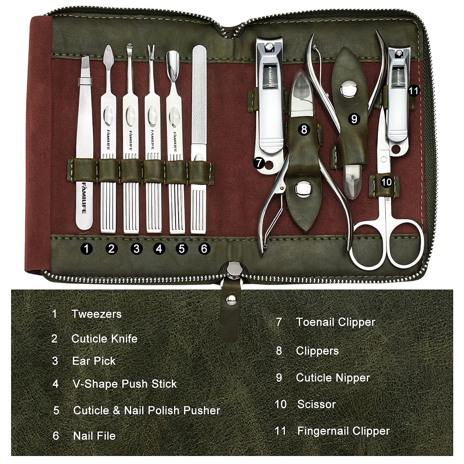 FAMILIFE Manicure Set, Professional Manicure Kit Nail Clippers Set 11 in 1 Stainless Steel Nail Pedicure Tools Kit Grooming Tool with Portable Green Leather Travel Case Luxury Gifts for Women and Men