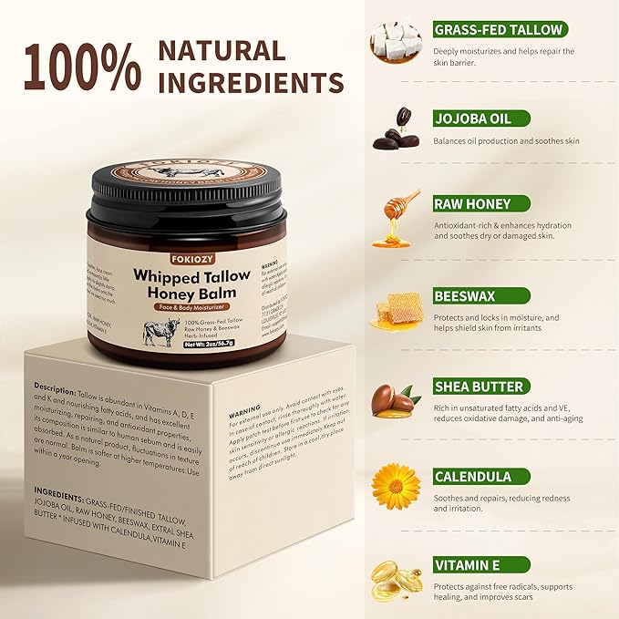 Beef Tallow for Skin, 100% Grass-Fed Whipped Beef Tallow Honey Balm for Face and Body, Tallow Face Moisturizer with Jojoba Oil, Shea Butter for Sensitive, Dry Skin - 2 oz