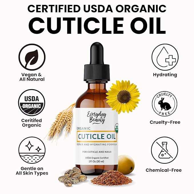 Organic Cuticle & Nail Oil - Repair, Revitalize & Hydrate Cuticles and Nails - Organic Spa Treatment - For Stronger Healthier Nails and Cuticles - 1 Fl Oz Glass Bottle with Nail Brush and Dropper