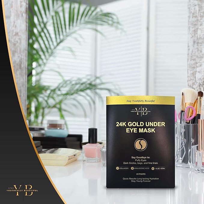 24k Gold Under Eye Patches (20 Pairs), facial wrinkle patches, Hyaluronic Acid, Aloe Vera, Collagen Skin Care anti wrinkle treatment, Eye Patches for Puffy Eyes, eye masks dark circles and puffiness