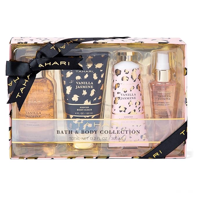 Tahari Vanilla Jasmine Spa Gift Set for Women – Luxurious Bath Kit with Body Lotion, Body Wash & Body Mist – Perfect Selfcare Gifts for Women (Leopard)