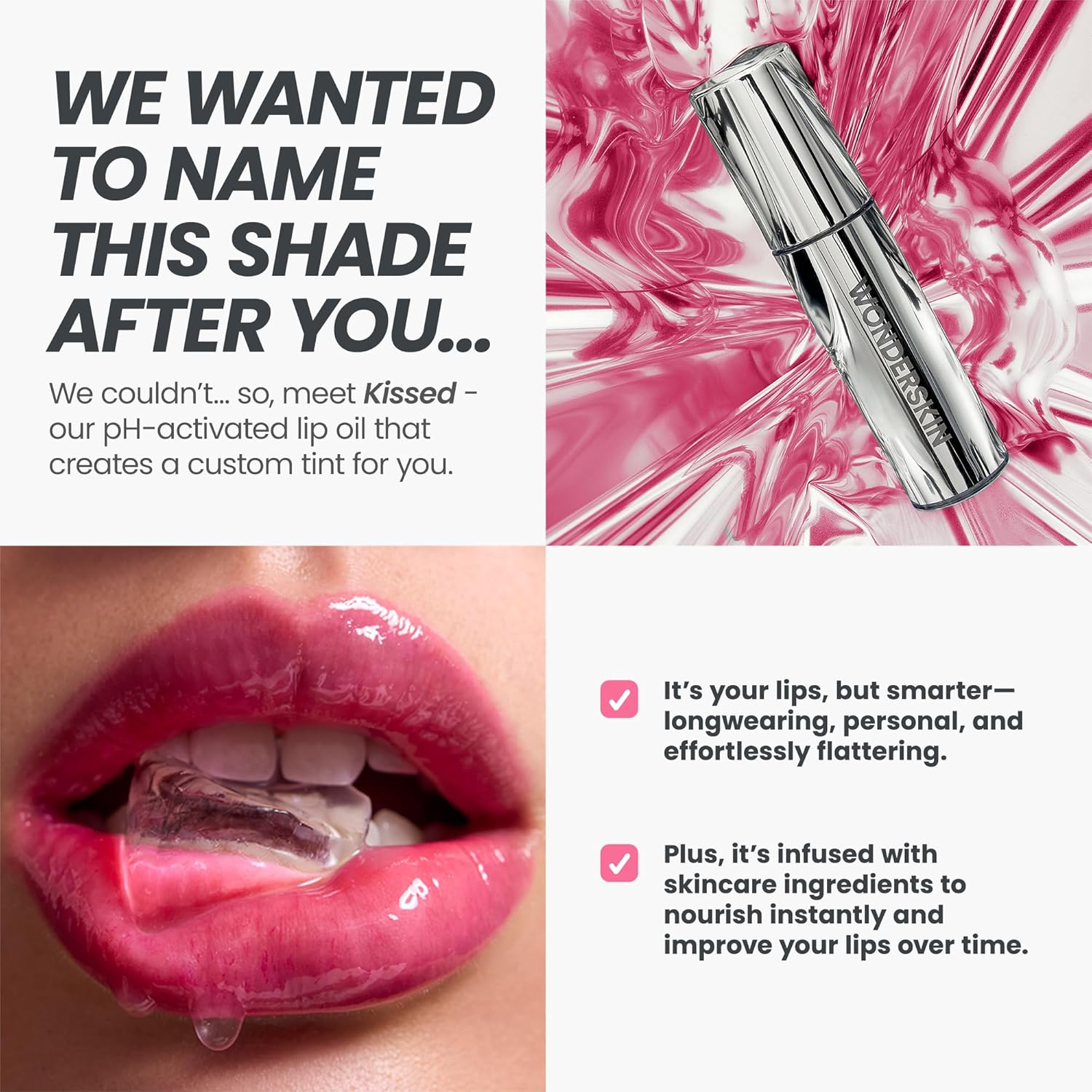 Wonderskin Lip Oil Rehab Serum - Color Changing Lip Oil from Clear to Pink - PH-activated, Non-sticky & Hydrating Tinted Serum for Dry Lips (Kissed)