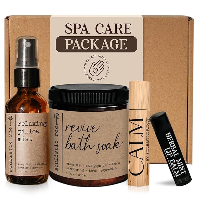 Spa Kit for Women – Relaxing Self Care Gift Set with Lavender Pillow Spray, Mint Lip Balm, Calm Essential Oil Roller & Epsom Salt Bath Soak – Luxury Pampering Package for Home & Bath
