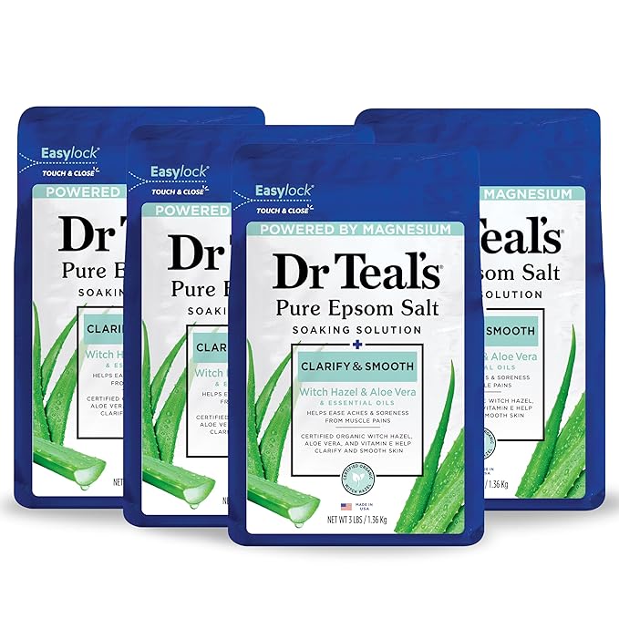 Dr Teal's Pure Epsom Magnesium Salt Soak, Clarify & Smooth with Witch Hazel & Aloe Vera, 3 lbs (Pack of 4)