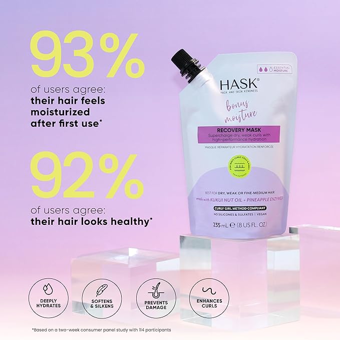 HASK Bonus Moisture Recovery Mask with Kukui Nut Oil & Pineapple Enzymes for Wavy, Curly, Coily & Kinky Hair, Hydrates, Softens, Prevents Damage, Vegan, Sulfate-Free, Cruelty-Free – 8 fl oz