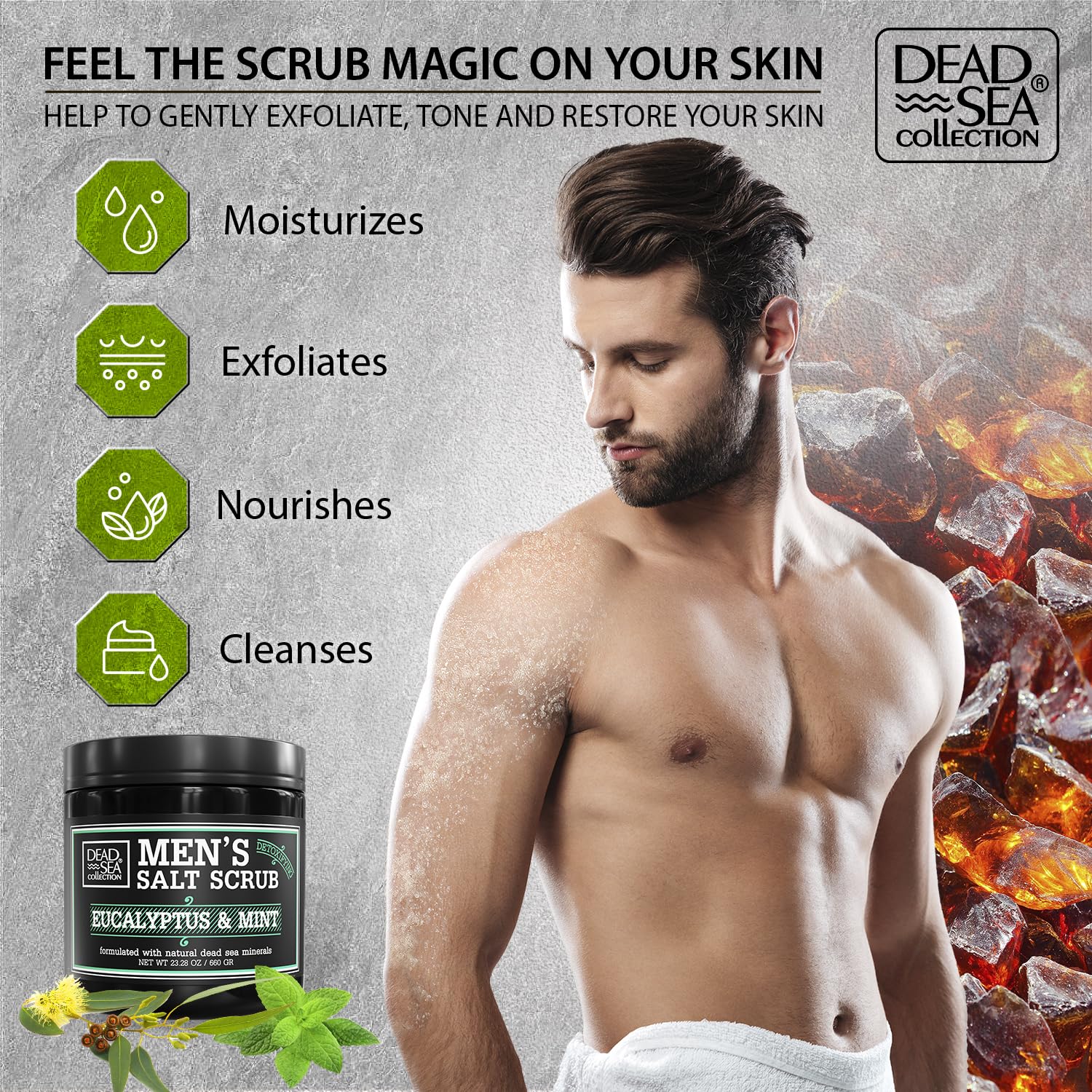 Salt Body Scrub Eucalyptus & Mint For Men– Moisturizes, Exfoliates & Nourishes Skin – Cleanses & Detoxifies with Dead Sea Minerals – Dead Sea Collection - 23.28 OZ